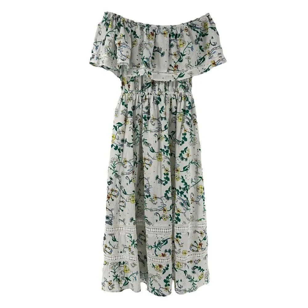 Off The Shoulder Midi Dress Ruffle White Green Floral Size 4 Pretty Little Thing